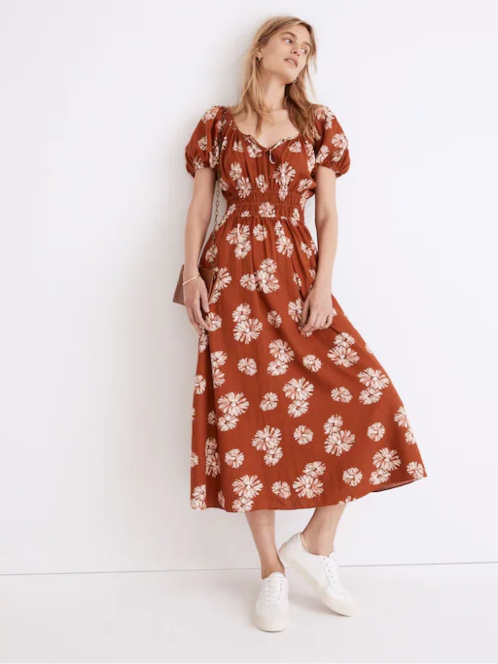 Madewell Linen-Blend Sophia Midi Dress Rust Floral Puff Sleeve Fall pockets Med